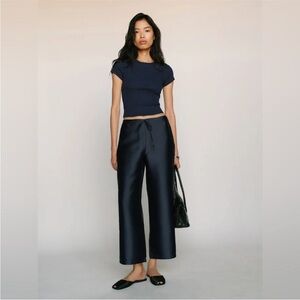 Reformation Navy Wide-Leg Satin Pants
